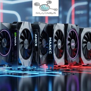 تصویری از انواع کارت گرافیک مدرن از برندهای مختلف مانند NVIDIA، AMD و ASUS