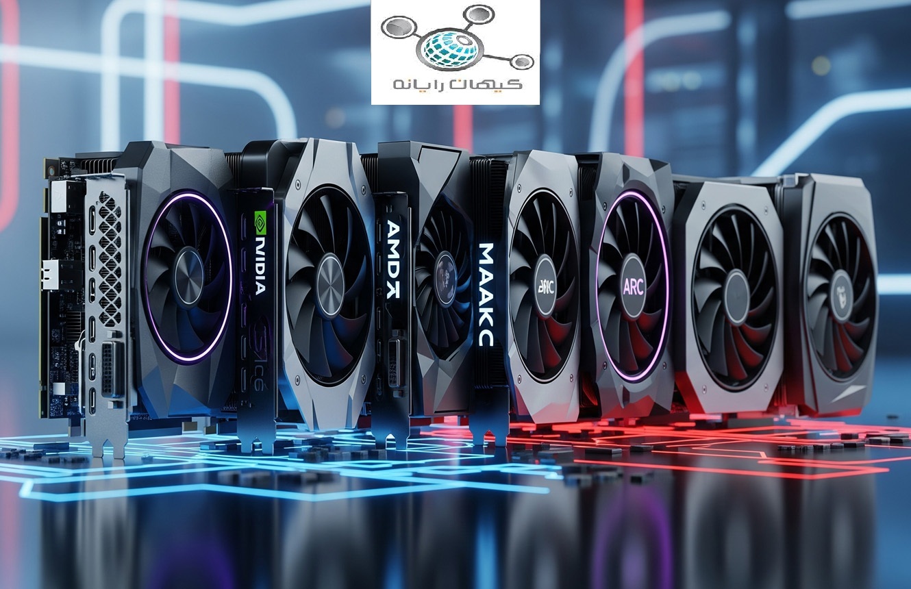 تصویری از انواع کارت گرافیک مدرن از برندهای مختلف مانند NVIDIA، AMD و ASUS