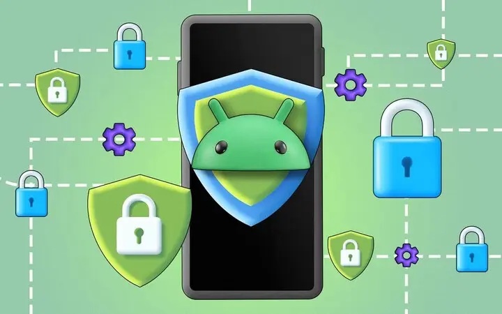 «تصویر گرافیکی ویروس دیجیتال با قفل امنیتی، نماد تهدیدات سایبری و ضرورت تنظیمات حریم خصوصی در موبایل»